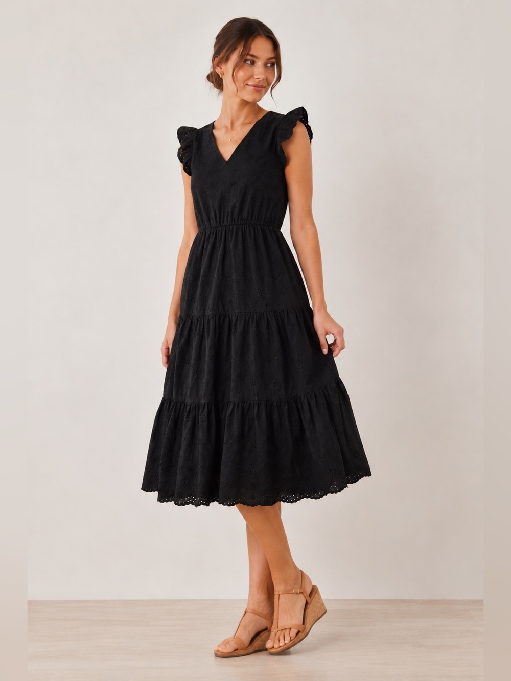 J.Crew NWT Black Eyelet Flutter Sleeve Lined Pocket Midi Dress 4